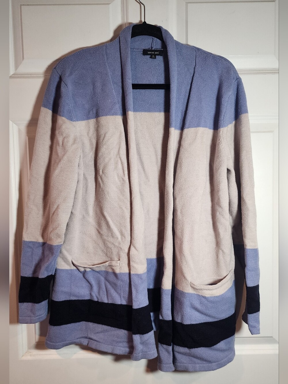 Verve Ami Open-Front Colorblock Cardigan Sweater - Blue And Beige XL